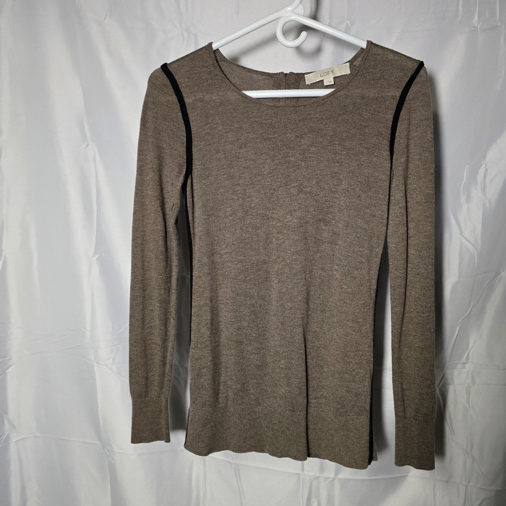 Ann Taylor Loft Small  Brown Wool Blend Full Zip‎ Back Sweater Black Side Stripe